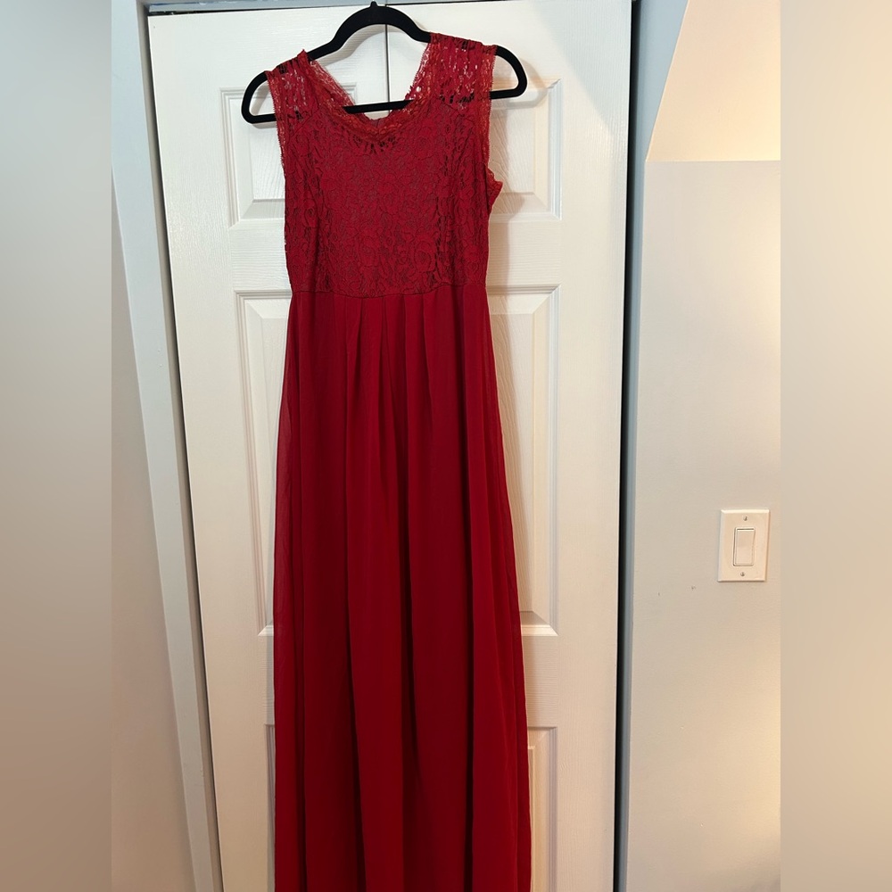 Women’s XXL Burgundy Lace Maxi Dress Sleeveless Formal Chiffon